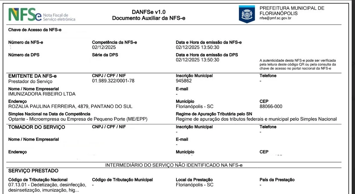 Exemplo de nota fiscal eletrônica emitida pela Imunizadora Ribeiro Exemplo de nota fiscal eletrônica emitida pela Imunizadora Ribeiro