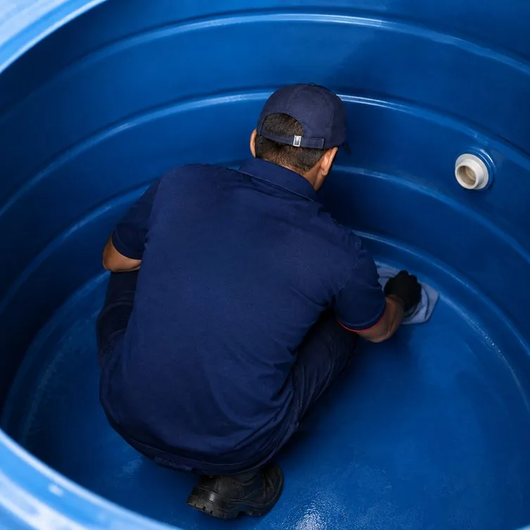 Técnico limpando caixa d’água